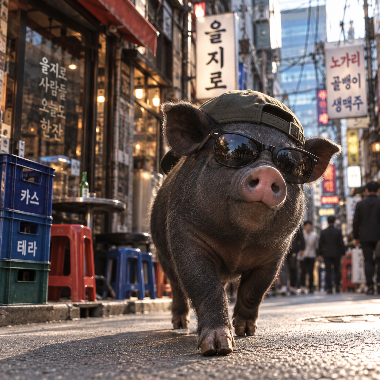 JO PIGGY, a black pig wearing sunglasses and a green cap on a Seoul street.