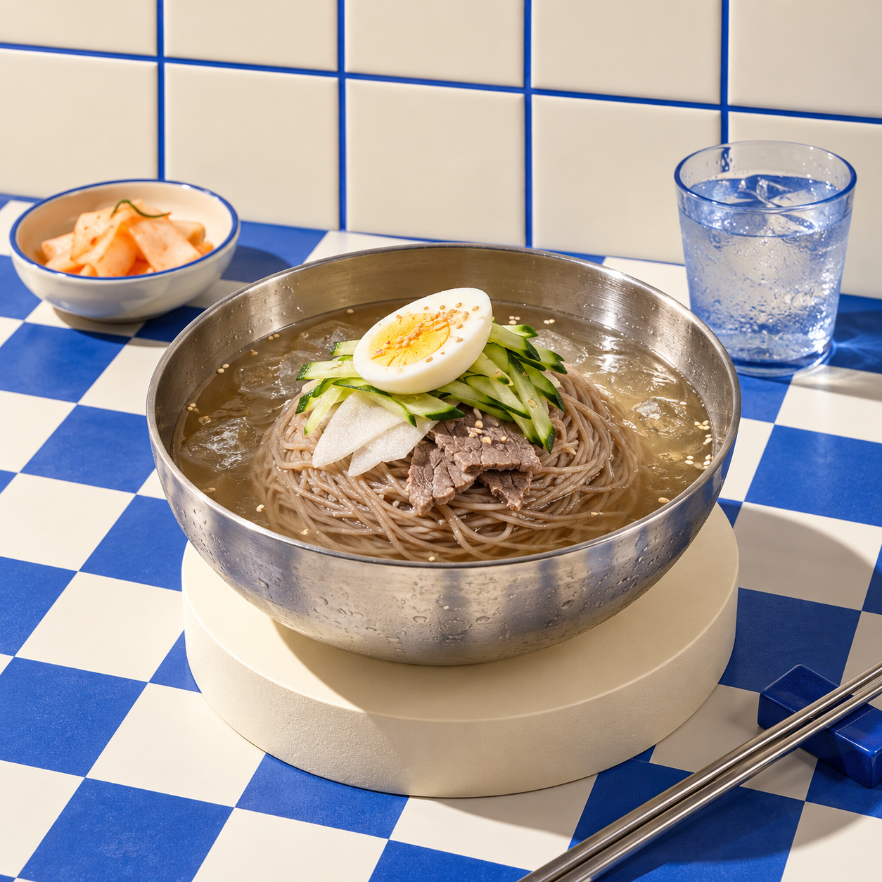 AI-generated cold buckwheat noodles in a steel bowl