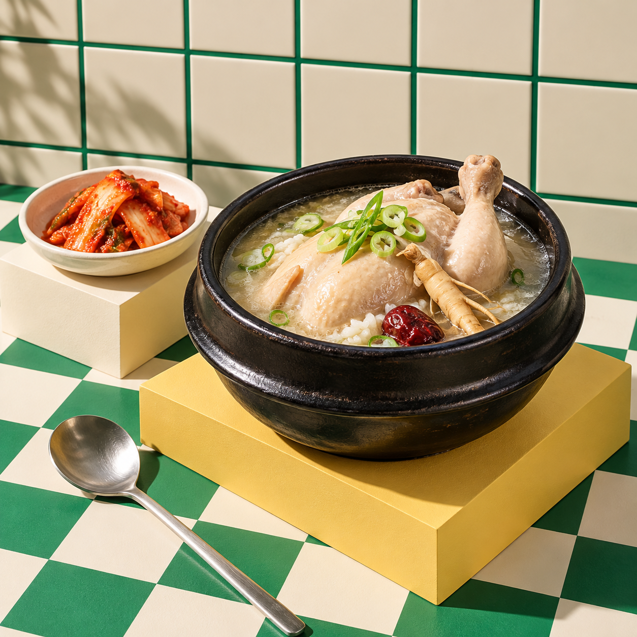 AI illustration of samgyetang on a yellow plinth with green and cream tiles
